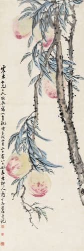 商笙伯（1869～1962） 壬戌（1922年）作 寿桃 立轴 设色纸本
