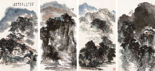 楼柏安（1948～2014） 辛酉（1981年）作 山水 立轴四屏 设色纸本