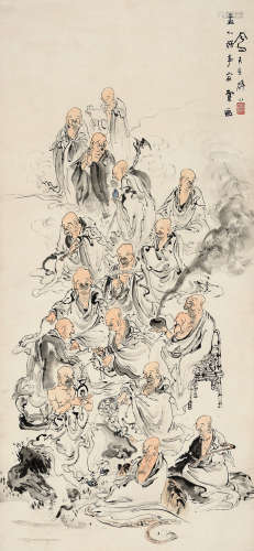 吕凤子（1885～1959） 十六应真图 立轴 设色纸本