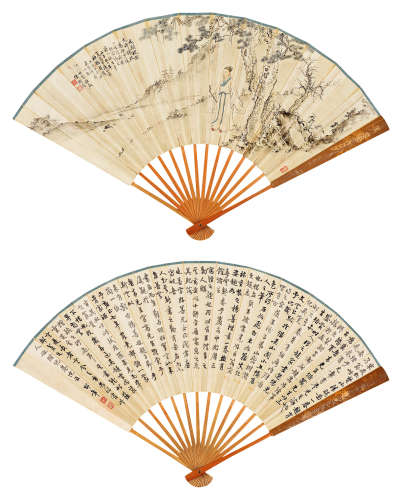 张树筠（#）  邵章（1874～1935） 杜甫造像 行书 成扇 设色纸本、水墨纸本