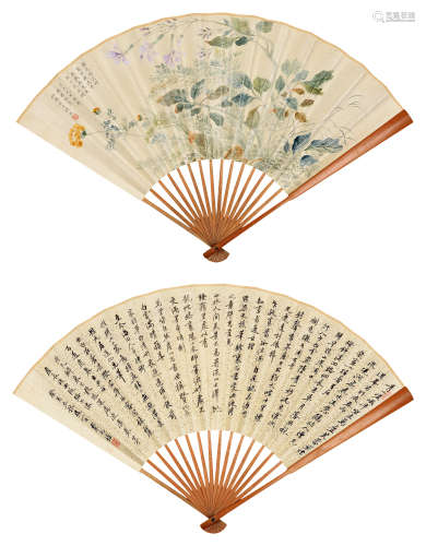 张光（1879～1970）  蔡元培（1868～1940） 癸酉（1933年）作 花卉 行书 成扇 设色纸本、水墨纸本