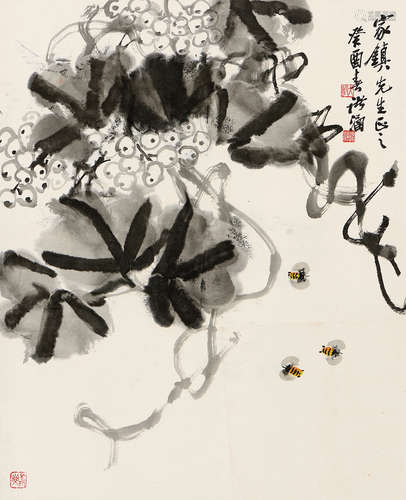 诸涵（1929～2012） 癸酉（1993年）作 蜜蜂葡萄 立轴 设色纸本