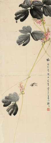 艾青（1910～1996） 花卉蜜蜂 立轴 设色纸本