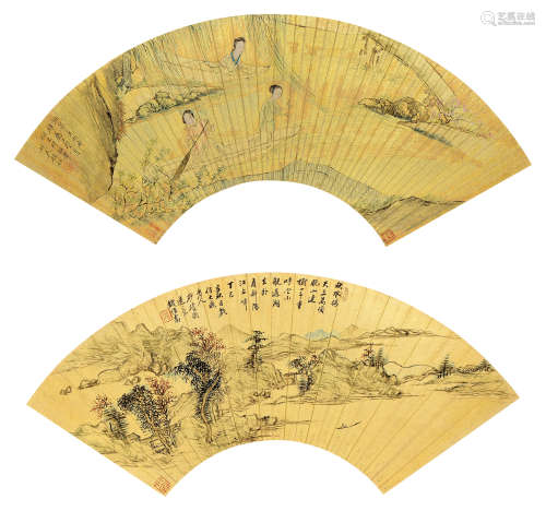 钱杜（1764～1845）  钱维乔（1739～1806） 己卯（1819年）、丁巳（1797年）作 仕女 山水 （两幅） 扇页 设色金笺