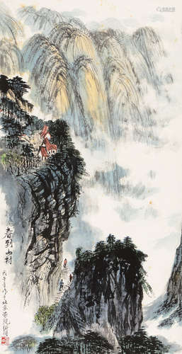 王绍明（b.1934） 戊午（1978年）作 春到山村 立轴 设色纸本