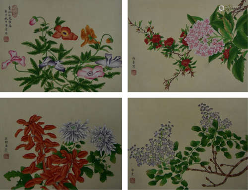 潘素 花卉四帧 纸本镜片