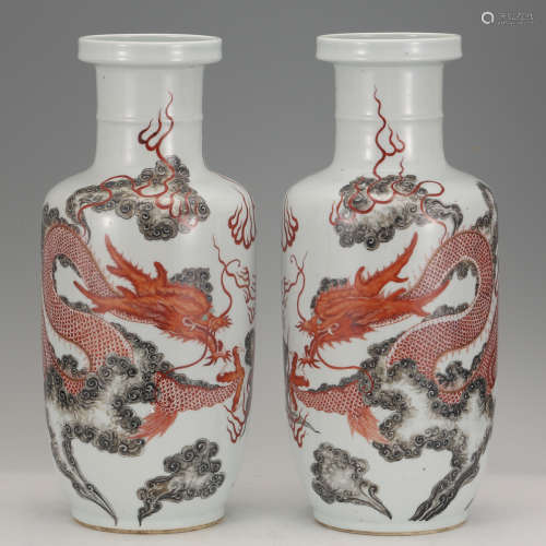 CHINESE INK PAINTED DRAGON ROULEAU VASES