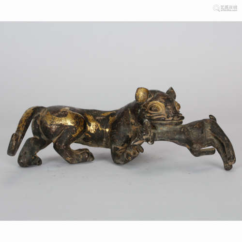 CHINESE BRONZE BEAST WITH GILT AND SILVER