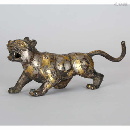 CHINESE BRONZE BEAST WITH GILT AND SILVER