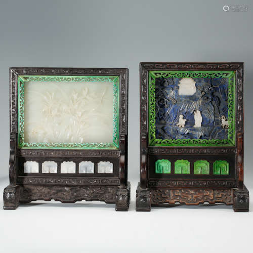 CHINESE WHITE JADE AND LAPIS TABLE SCREENS