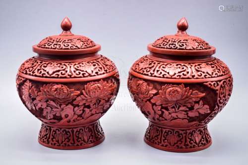 PAIR OF CINNABAR LACQUER CARVED JARS WITH LIDS