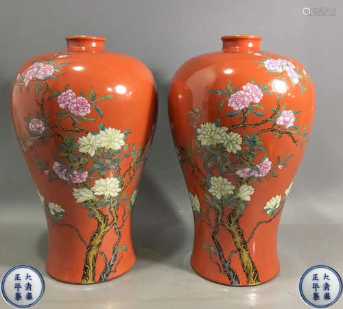 PAIR OF YONGZHENG MARK FLOWER MEI VASE