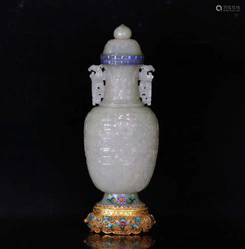 A GILT SILVER BASE HETIAN JADE CARVED VASE