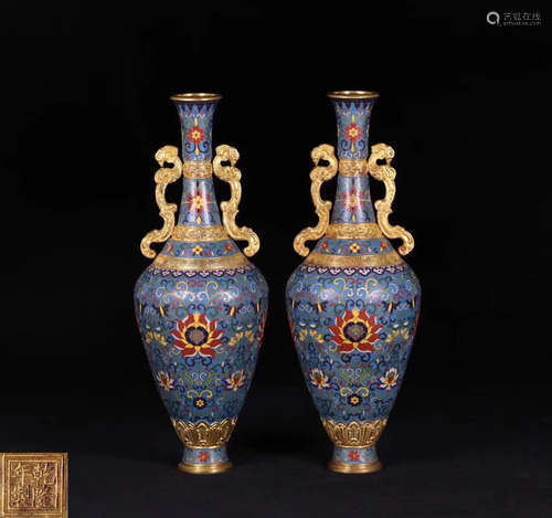 PAIR CLOISONNE ENAMALED DOUBLE-EAR VASES