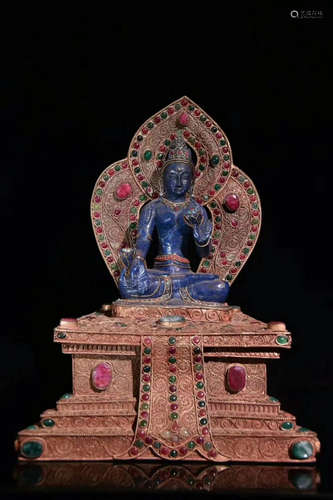 A LAPIS LAZULI STONE BUDDHA WITH METAL DECORATION