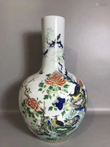 A FAMILLE-VERTE BIRD AND FLOWER BOTTLE VASE