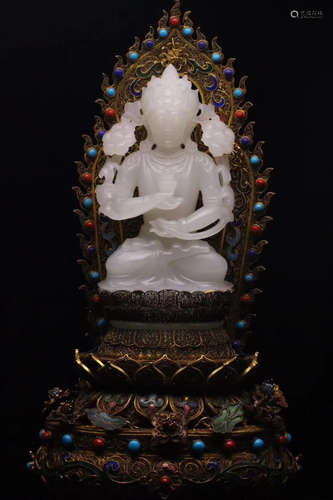 HETIAN JADE INLAYS SILVER BUDDHA ORNAMENT