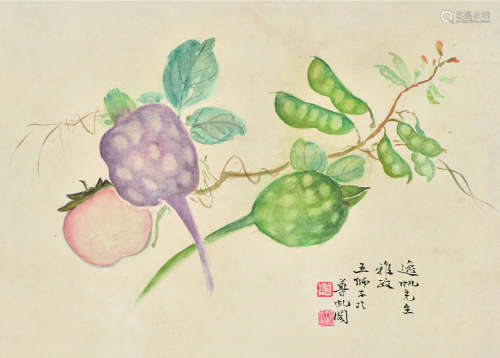 王师子（1885～1950） 蔬果图 镜框 设色纸本