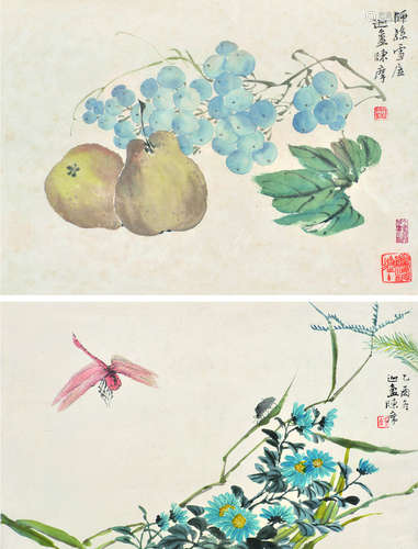 陈摩（1886～1945） 蔬果花虫 （二帧） 镜框 设色纸本