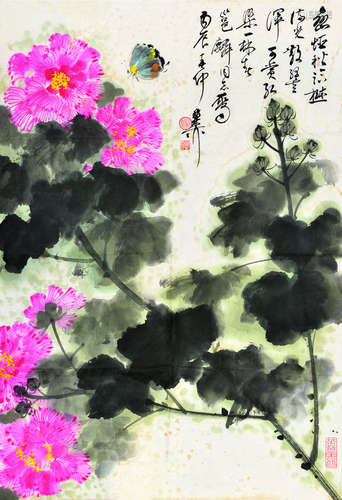 谢稚柳（1910～1997） 芙蓉花蝶图 软片 设色纸本