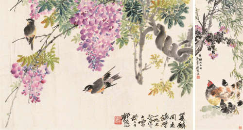 郭鹰（1916～2002） 花鸟 （二帧） 镜片 设色纸本