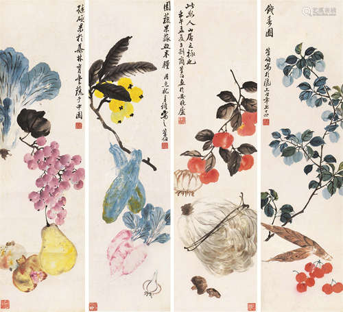 商笙伯（1869～1962） 花果图 四屏轴 设色纸本