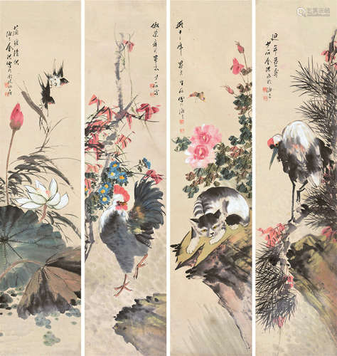 金少石（1869～?） 花鸟 四屏 原裱屏轴 设色纸本