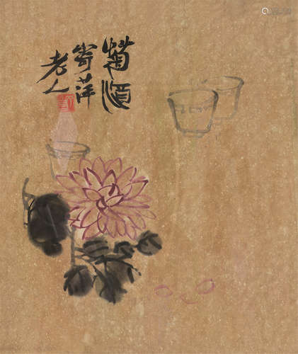 齐白石（1864～1957） 菊酒图 镜框 设色纸本