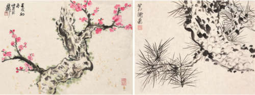 谢稚柳（1910～1997） 花卉松树 （二帧） 镜片 设色 水墨纸本