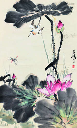 王雪涛（1903～1982） 荷花翠鸟 镜片 设色纸本