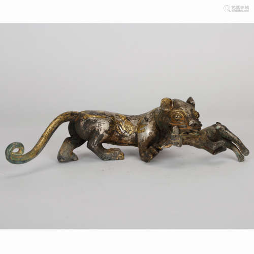 CHINESE GILT SILVER OVER BRONZE FIGURE OF BEAST