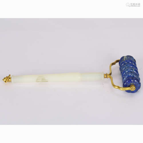 CHINESE WHITE JADE AND LAPIS ROLLER