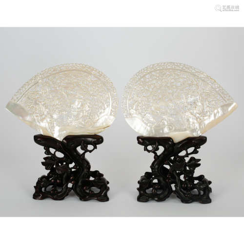 CHINESE PAIR OF MOTHER OF PEARL CARVING DISPLAY