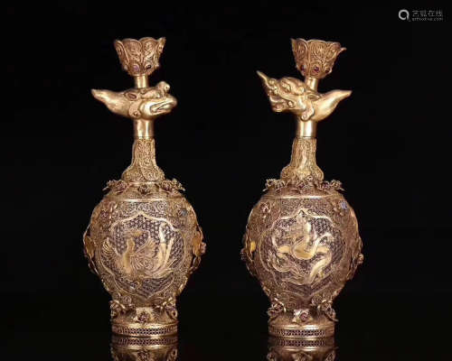 PAIR OF GILT SILVER DRAGON AND PHOENIX PATTERN VASES