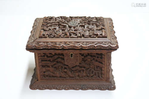A WOOD RELIEF CARVED JEWELRY BOX