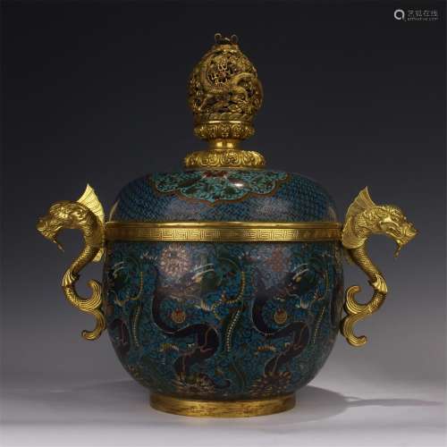 LARGE CHINESE CLOISONNE FISH AND DRAGON LIDDED INSENCE CAGE