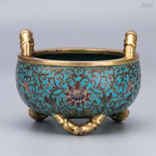 CHINESE CLOISONNE BAMBOO HANDLE FEET CENSER