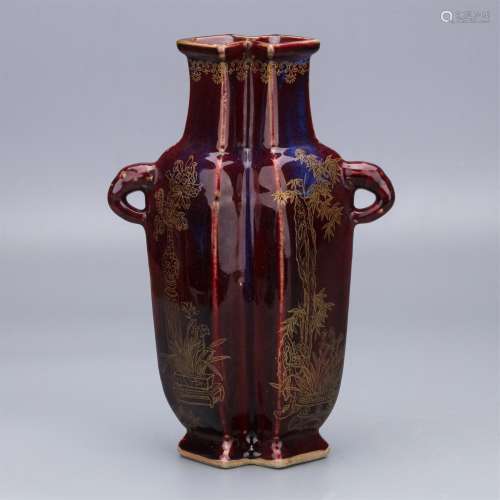 CHINESE PORCELAIN RED GOUND GOLD PAINTED VASE
