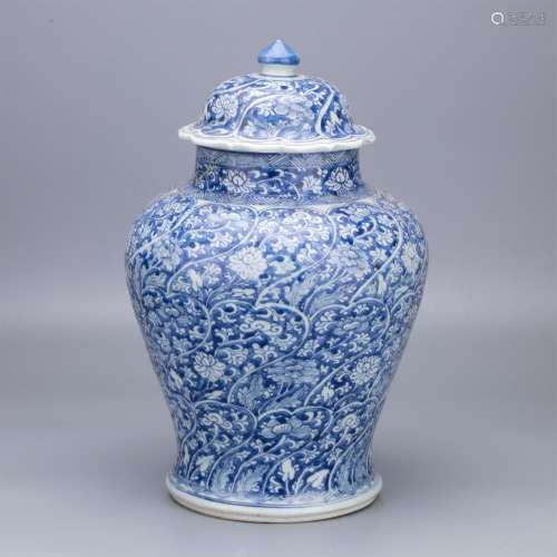CHINESE PORCELAIN BLUE AND WHITE TEMPLE JAR RESTORED