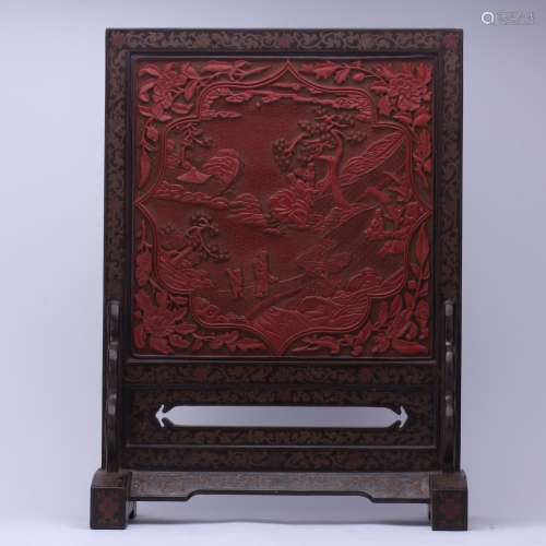 CHINESE CINNABAR PLAQUE INLAID ROSEWOOD TABLE SCREEN