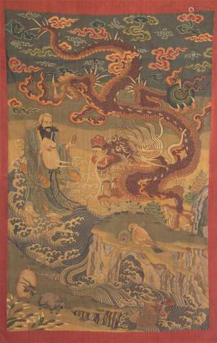 CHINESE KESI FIGURE WITH DRAGON TAPESTRY