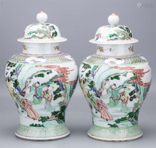 PAIR OF CHINESE PORCELAIN WUCAI TEMPLE JARS
