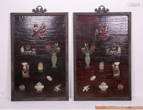 PAIR OF CHINESE GEM STONE INLAID LACQUER ROSEWOOD WALL SCREEN