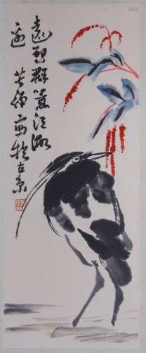 CHINESE SCROLL PAINTING OF CRANE BY RIVER