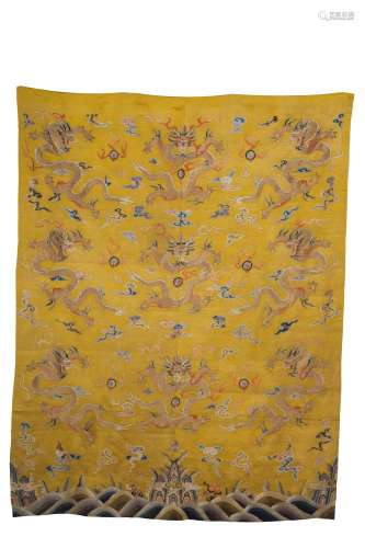 CHINESE YELLOW GROUND IMPERIAL EMBROIDERY DRAGON TAPESTRY