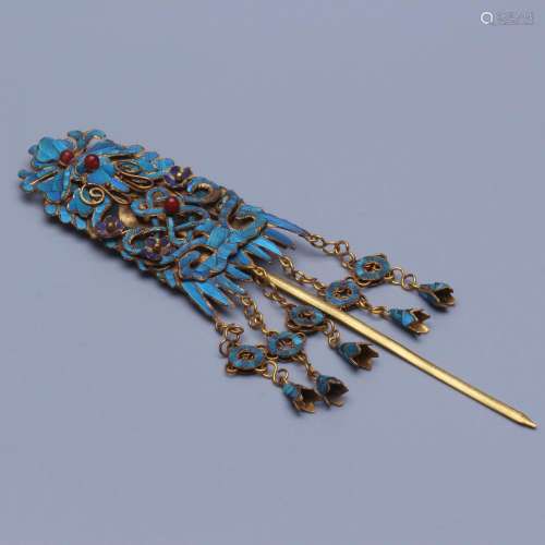 CHINESE KINGFISHER FEATHER GILT SILVER HAIRPIN