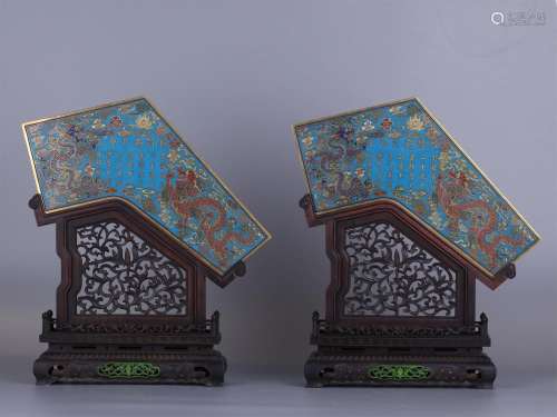 PAIR OF CHINESE CLOISONNE PLAQUE ROSEWOOD TABLE SCREEN