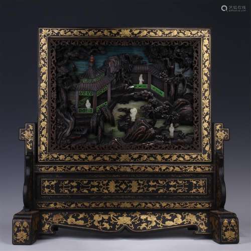 CHINESE JADE CARVED FIGURES INLAID ROSEWOOD HONGMU TABLE SCREEN