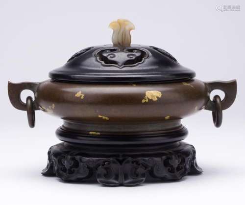 CHINESE PARTLY GILT BRONZE CENSER WITH JADE KNOB ROSEWOOD LID