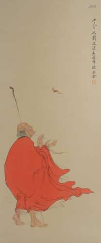 CHINESE SCROLL PAINTING OF LOHAN WITH BAT
